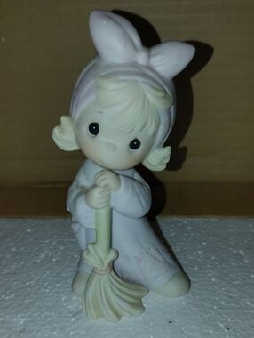 Precious Moments Pink and Cream Girl Figurine with Broom